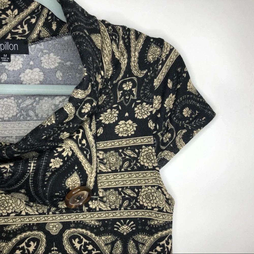 PAPILLON cap sleeve dress black and gold paisley M - Picture 5 of 9
